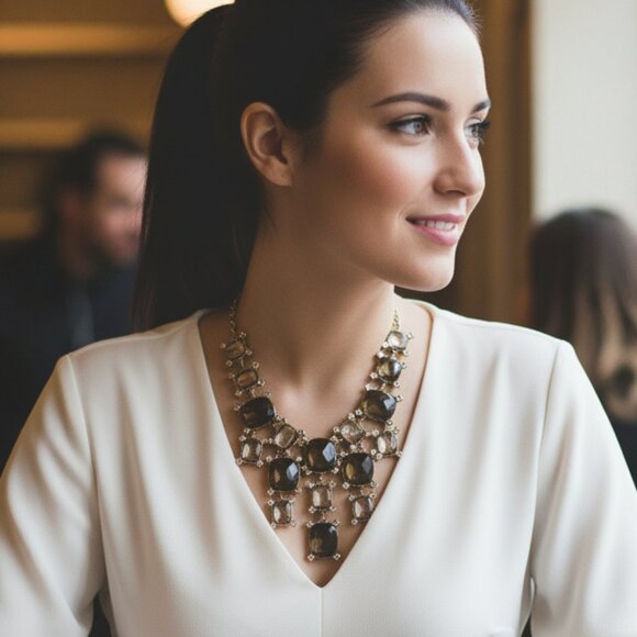 J. Crew Gold and Brown Bib Necklace with Intricate Metalwork - Picture 3 of 6